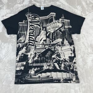 VTG Las Vegas Shirt Adult Large Black AOP Graphic Streetwear Y2K Travel Souvenir